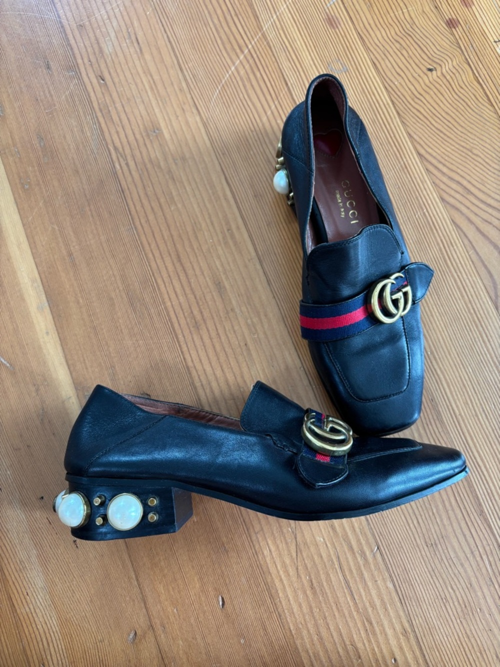 Gucci GG Marmont Web Stripe Pearl Heel Leather Loafers Black Size 36